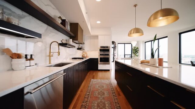 a wide push in shot of a luxury kitchen in a beautiful home