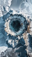 Drone Perspective of Winter Volcanic Crater: Snow and Ice Contrast Against the Winter Landscape