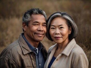 Fototapeta premium Portrait of a couple of black man from Africa and white woman from Asia, individuals of different races