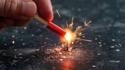 A hand holds a lit match, sparking a small firework on a dark background, creating a beautiful display of light.