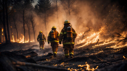 Firefighters clad in protective gear stride towards a raging fire, Generative AI