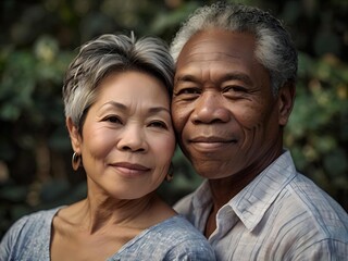 Fototapeta premium Portrait of a couple of black man from Africa and white woman from Asia, individuals of different races