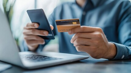 The online shopping concept involves a businessman using smartphones and credit cards to purchase products from online stores emphasizing ecommerce stores online business and internet