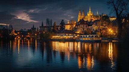 Obraz premium Illuminated Prague Castle and Charles Bridge at Night with Boat on Vltava River