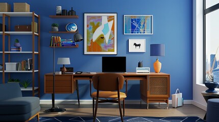 Stylish home office setup with modern furniture, blue walls, and bright artwork creating a cozy and inspiring workspace.