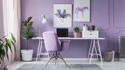 Stylish purple home office with a chic desk, modern chair, potted plants, wall decor, and natural light, creating a serene workspace.
