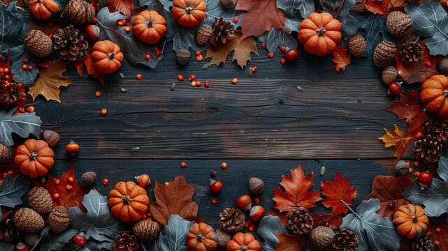Thanksgiving day or Halloween concept, wooden background with pumpkin, pine cone and autumn dry leave, Thanksgiving Greetings. Copy space for text. Thanksgiving Greeting Card