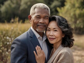 Fototapeta premium Portrait of a couple of black man from Africa and white woman from Asia, individuals of different races