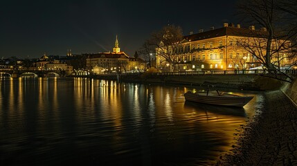 Obraz premium Nighttime View of a European City with a Boat on a River