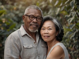 Fototapeta premium Portrait of a couple of black man from Africa and white woman from Asia, individuals of different races