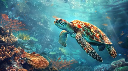 Obraz premium Sea Turtle Swimming Through a Vibrant Coral Reef