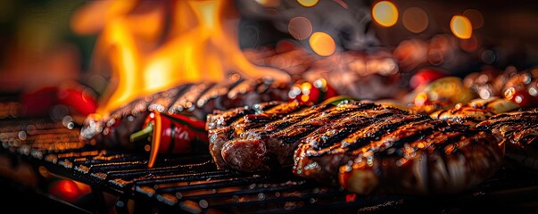 Juicy grilled steak with vibrant flames and colorful vegetables, perfect for BBQ lovers and food photography enthusiasts.