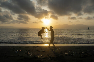 A woman is playing on the beach at sunrise with a brown pitbull.