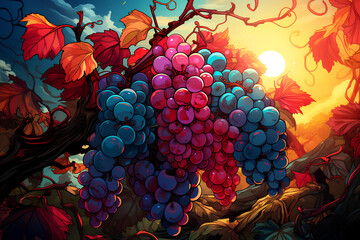 Fototapeta premium Illustration with large beautiful bunches of ripe grapes.