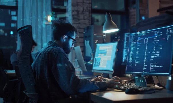 Focused Programmer Working Late at Night in a Modern Office