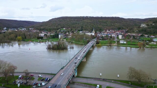 Approaching aerial movement for the closest roundabout and Vernon bridge, Vernon, France.