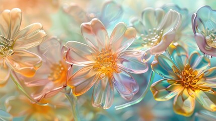 Obraz premium Colourful glass flowers with transparent petals, summer floral nature ethereal art. Vibrant holographic background