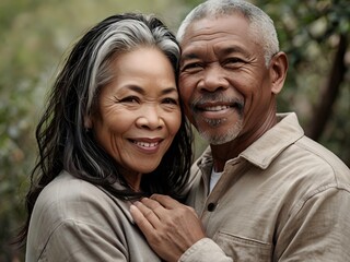 Fototapeta premium Portrait of a couple of black man from Africa and white woman from Asia, individuals of different races