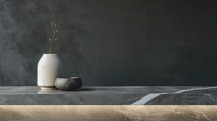 Minimalist Still Life with White Vase, Dried Branch, and Black Bowl on Marble Surface
