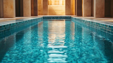 Pool with artistic mosaic tiles and luxurious decor, opulent and stylish, highend setting, Pool party concept, No people