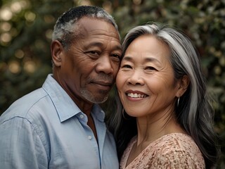 Naklejka premium Portrait of a couple of black man from Africa and white woman from Asia, individuals of different races