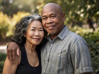 Portrait of a couple of black man from Africa and white woman from Asia, individuals of different races