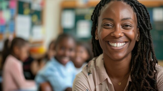 Pretty black African American female teacher smiling and looking into camera at elementary school with children at the blurred background