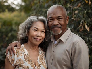 Portrait of a couple of black man from Africa and white woman from Asia, individuals of different races