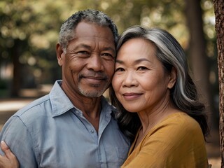 Fototapeta premium Portrait of a couple of black man from Africa and white woman from Asia, individuals of different races
