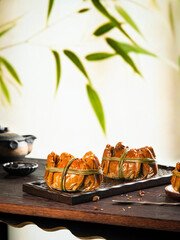 Image of Hairy crabs on a wooden table indoors, crabs from China