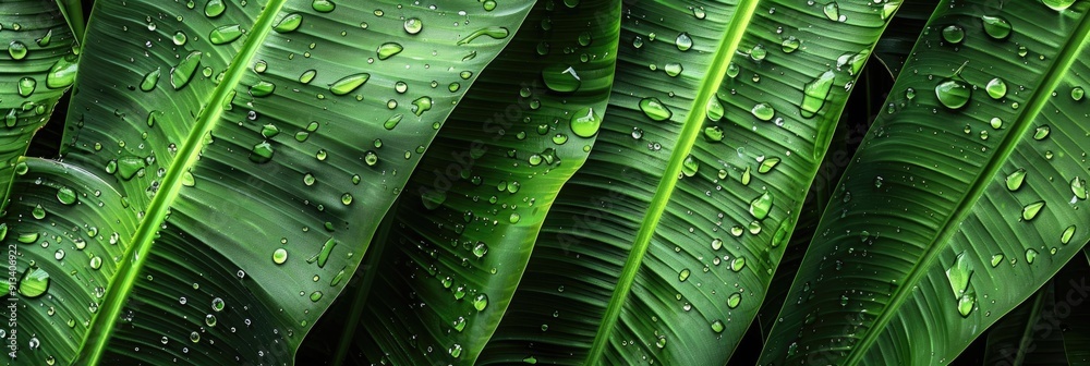 Poster Fresh banana leaves with raindrops