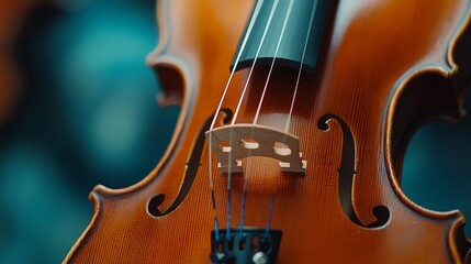 Close-Up of a Beautifully Crafted Violin, Showcasing the Fine Wood Grain and Strings with a Softly Blurred Background Highlighting the Instrument's Elegance
