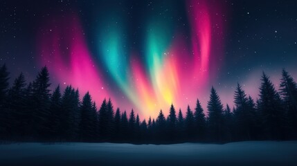 Fototapeta premium Stunning Northern Lights Display Over Snow-Covered Forest with Starry Night Sky