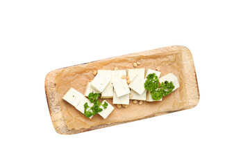 PNG,Sliced tofu on a wooden board, isolated on white background