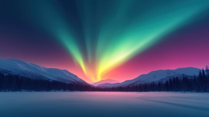 Fototapeta premium Stunning Northern Lights Over Snow-Covered Mountain Landscape with Vibrant Colors in the Sky