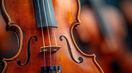 Fototapeta premium Close-Up of a Beautifully Crafted Violin, Showcasing the Fine Wood Grain and Strings with a Softly Blurred Background Highlighting the Instrument's Elegance