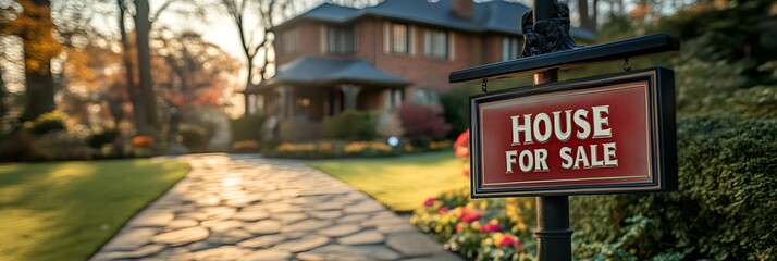 Obraz premium “HOUSE FOR SALE” sign in front of home for sale - blurred background - real estate - closing - home prices
