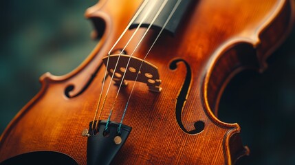 Fototapeta premium Close-Up of a Beautifully Crafted Violin, Showcasing the Fine Wood Grain and Strings with a Softly Blurred Background Highlighting the Instrument's Elegance