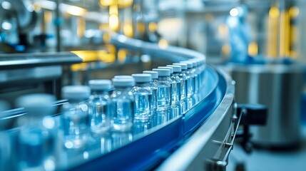 A conveyor belt with glass vials is present in an advanced bright modern pharmaceutical factory focusing on the medical ampoule production line vaccine production facility and medication