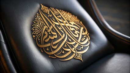 A close-up shot of elegant Islamic calligraphy inscribed on a sleek black chair, Islamic, calligraphy, Arabic, elegant