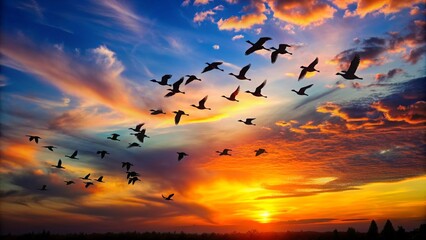 Obraz premium Silhouettes of birds flying in a colorful sunset sky, flock, birds, flying, sunset, sky, colorful, silhouette, dusk