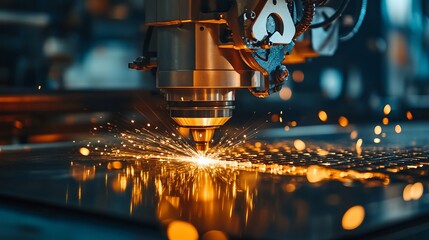 A fiber laser cutting machine cuts metal plates with sparkling light demonstrating a hightechnology sheet metal manufacturing process by laser cutting