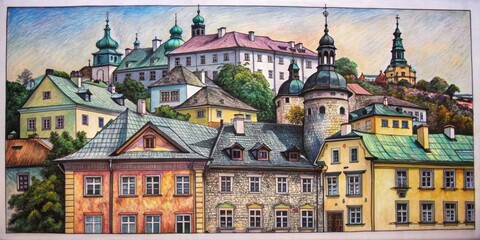 Fototapeta premium Ink sketch of historic house facades in Banska Stiavnica, Slovakia , Banska Stiavnica, old town, Kamerhofska Street, facades