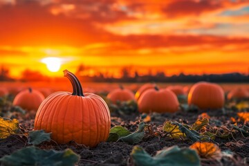 Naklejka premium Sunset Over a Field of Pumpkins and Autumn Leaves
