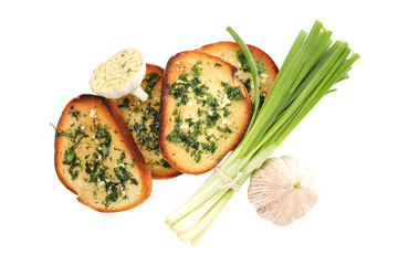 PNG, Pieces of garlic bread, garlic and onion, isolated on white background, to view