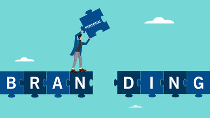 personal branding, marketing strategy by introducing the identity or characteristics of a product or service, individual brand strategy, build a personal brand, businessman completing puzzle