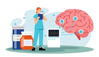 Medical diagnostic concept. Woman in medical uniform near pills and human brain. Diagnosis and treatment, neurobiology and neuroscience. Flat vector illustration isolated on white background