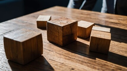 Man and wooden cubes on table Management concept