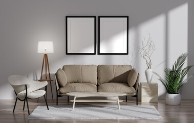 Modern Minimalist Living Room with Beige Sofa, White Armchair, and Indoor Plants in Natural Light