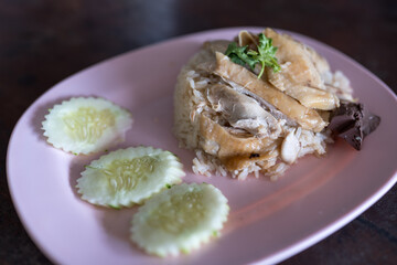 A steamed rice topped with chicken. Thai called Khao Mun Gai, Thai food